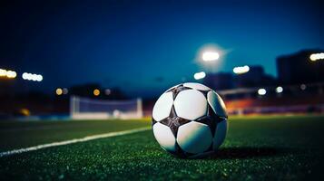 Soccer ball on green grass of football stadium at night with lights photo