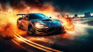 Burning sports car on the road photo