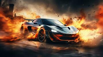 Burning sports car on the road photo