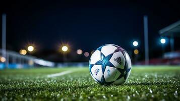 Soccer ball on green grass of football stadium at night with lights photo