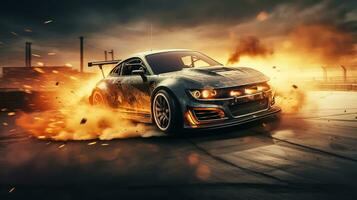 Burning sports car on the road photo