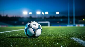 Soccer ball on green grass of football stadium at night with lights photo