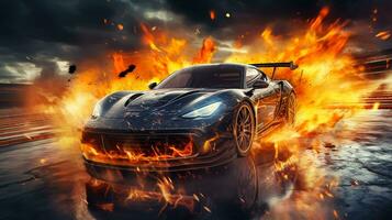 Burning sports car on the road photo