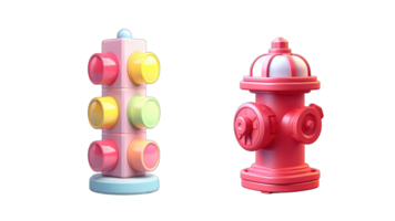 komisch Feuer Hydrant und der Verkehr Beleuchtung. 3d Vektor Symbol Satz, generativ ai png