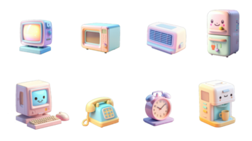 Funny Home apliances. computer, TV, telephone, clock, dispenser, refrigerator, AC, oven. 3d vector icon set, Generative AI png