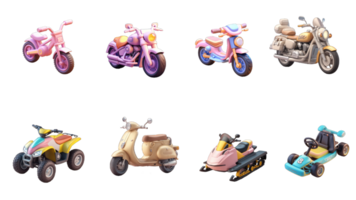 engraçado motocicleta. esporte, em turnê, lambreta, atv. moto de neve, Harley etc. 3d vetor ícone definir, generativo ai png