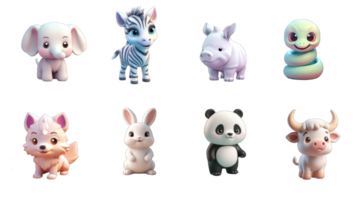 Funny little animals. elephant, zebra, rhino, snake, wolf, rabbit, panda, buffalo. 3d vector icon set, Generative AI png