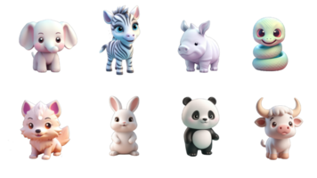 marrant peu animaux. éléphant, zèbre, rhinocéros, serpent, loup, lapin, Panda, buffle. 3d vecteur icône ensemble, génératif ai png