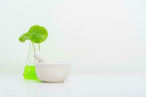 A glass beaker containing water and Centella asiatica decorated with erlenmeyer flask and round podium photo