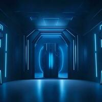 futuristic exhibition hall design in darkness, blue light illustration photo