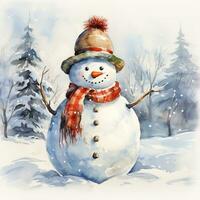 Snowman next to the Christmas tree, watercolor style. Generative AI photo