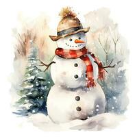 Snowman next to the Christmas tree, watercolor style. Generative AI photo