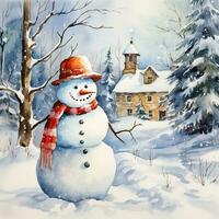 Snowman next to the Christmas tree, watercolor style. Generative AI photo