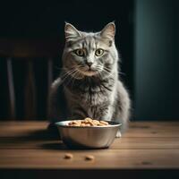 A gray long-haired cat is sitting, there is a bowl of food in front of him. Generative AI photo