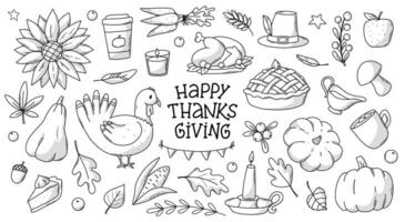 Thanksgiving doodles, monochrome set of sketched elements isolated on white background. Good for prints, stickers, coloring books, scrapbooking, sublimation, cards, signs, icons, etc. EPS 10 vector