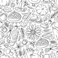 Thanksgiving monochrome seamless pattern with doodles for coloring pages, packaging, wallpaper, wrapping paper, textile prints, backgrounds, etc. EPS 10 vector