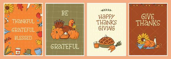 Thanksgiving posters set, greeting cards, prints, invitations decorated with typography quotes and doodles on textured backgrounds. EPS 10 vector