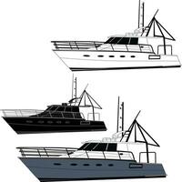 Yacht vector, Boat vector, Fishing boat vector line art illustration and one color.