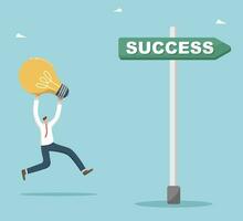 Ingenious ideas to achieve great success, introducing innovations or start-ups to generate additional profit, new creative projects to increase profitability, man runs with light bulb on success sign. vector