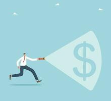 Search for methods for income and salary growth, financial and economic improvement, increase in value of foreign exchange, way to increase business profitability, man shines flashlight on dollar icon vector