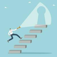 Find way out of difficult situation or solution to problem, secret key to achieve heights in business, motivation to discover new opportunities, man runs up the stairs and shines flashlight on keyhole vector