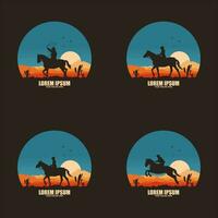 set of vintage retro texas rodeo cowboy riding horse logo vector