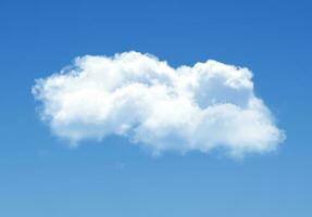 Single cloud isolated over blue sky background. White fluffy cloud photo, beautiful cloud shape. Climate concept photo