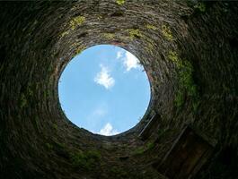 Stone well hole, old construction from inside, brick walls and blue sky background, fall down in the well concept photo