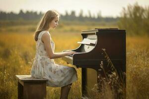 Woman piano nature. Generate Ai photo