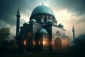 Modern mosque sunset. Generate Ai photo