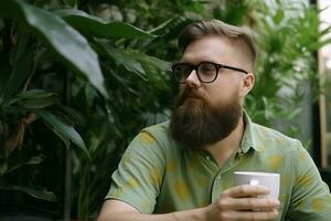 hombre barba hipster en jardín. generar ai foto