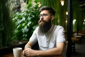 hombre barba hipster café. generar ai foto