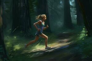 Girl running forest day. Generate Ai photo