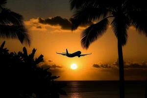 Airplane tropical sunset. Generate Ai photo