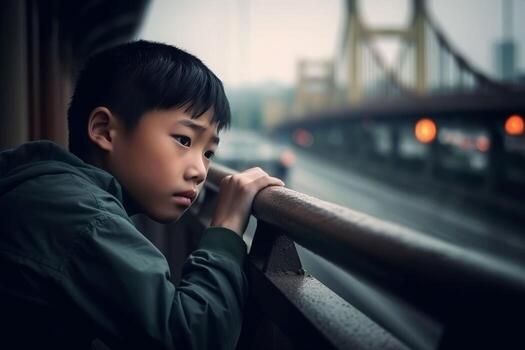 Chinese boy bridge. Generate Ai photo