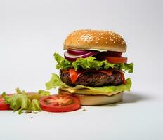 The perfect hamburger with cheese, bacon, pickles, tomato, onions and lettuce. Created with Generative AI photo