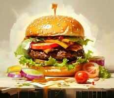 The perfect hamburger with cheese, bacon, pickles, tomato, onions and lettuce. Created with Generative AI photo