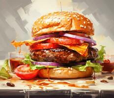 The perfect hamburger with cheese, bacon, pickles, tomato, onions and lettuce. Created with Generative AI photo