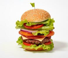 The perfect hamburger with cheese, bacon, pickles, tomato, onions and lettuce. Created with Generative AI photo