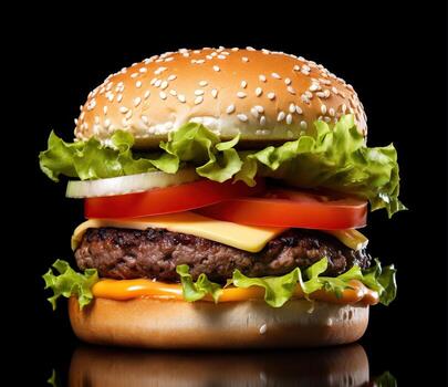 el Perfecto hamburguesa con queso, tocino, pepinillos, tomate, cebollas y lechuga. creado con generativo ai foto