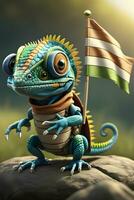 cute little chameleon animal holding flag made by generative Ai technology photo