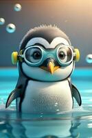 cute penguin animal wearing swimming goggles made by generative Ai technology photo