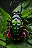 beetle animal on green leaf made by generative Ai technology photo