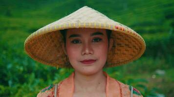 an Asian woman is looking at the expanse of tea gardens which are green and full of farmers video