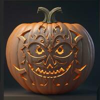 3D carved gothic Halloween pumpkin jack o lantern with evil eyes and face photo