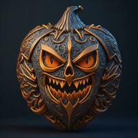 3D carved gothic Halloween pumpkin jack o lantern with evil eyes and face photo