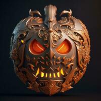 3D carved gothic Halloween pumpkin jack o lantern with evil eyes and face photo