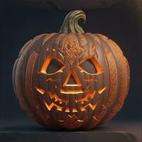 3D carved gothic Halloween pumpkin jack o lantern with evil eyes and face photo