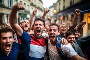 francés fútbol americano aficionados celebrando un victoria foto