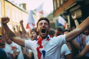 English football fans celebrating a victory photo